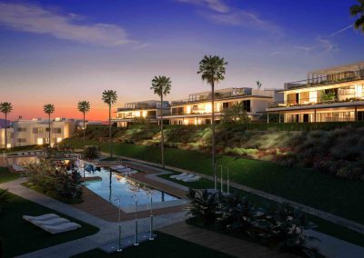 Santa Clara Homes backside pool at night - Lunde & Nieto