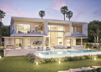 Villa Monet front view at night - Lunde & Nieto