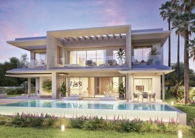 Villa Pollock front view at night - Lunde & Nieto